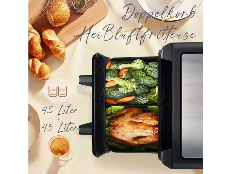  Friteuse à air double chambre 9 l – noir – 2200 w, 2 paniers indépendants, écran led et fenêtre de contrôle  - Conforama E