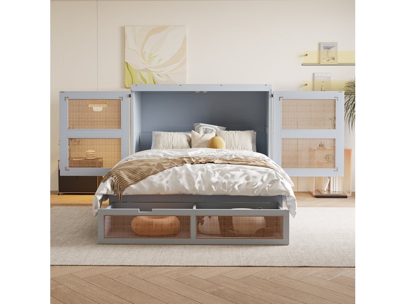  Lit escamotable vertical 140 x 200 cm, sommier à lattes et tiroirs de rangement, gris  - Conforama D