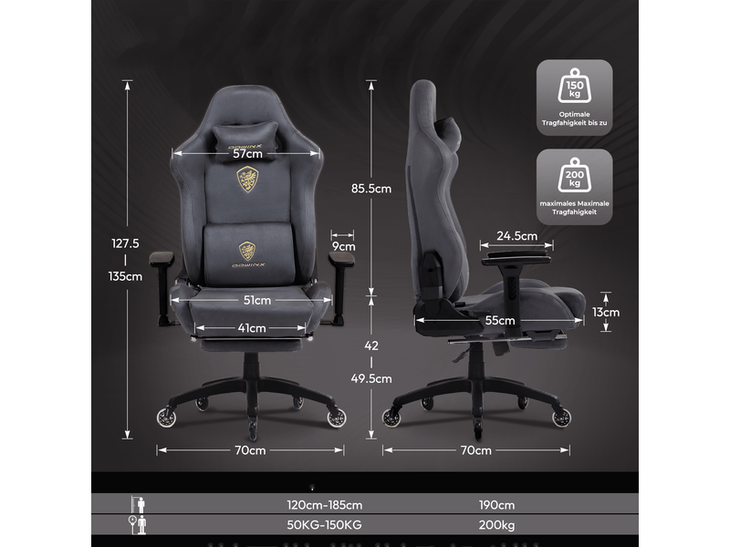  Fauteuil gaming – coussin lombaire massant – revêtement en microfibre – repose-pieds – dossier inclinable jusqu’à 160° – gris  - Conforama E