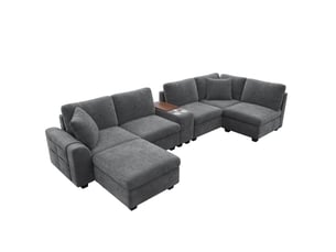 Canapé panoramique modulable 6 places 311x139x85 cm, canapé en u ou l avec pouf coffre, usb et type-c, poches de rangement, console mobile avec 2 porte-gobelets, velours côtelé, gris