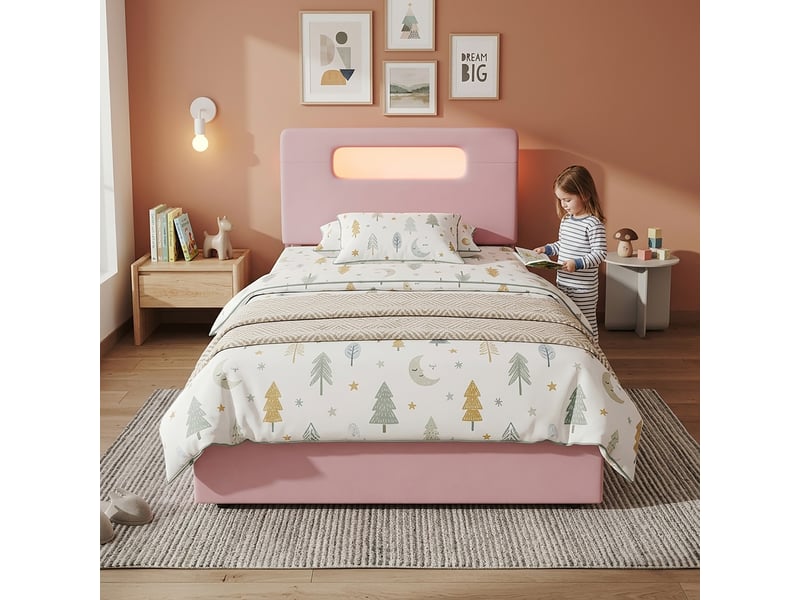  Lit enfant rembourré 90x200 cm lit fille lit simple capitonné en velours avec éclairage led 4 tiroirs et rangements, rose  - Conforama E