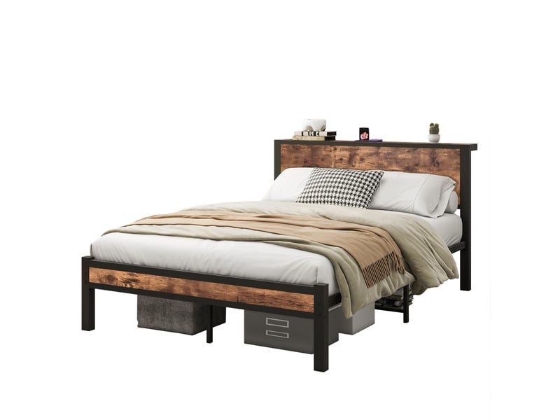  Lit avec rangement 140 × 200 cm 2 places, tête de lit, structure métal, sans matelas, brun antique  - Conforama A