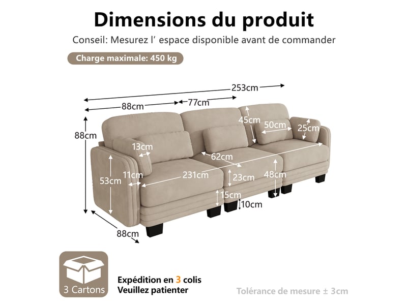  Canapé droit modulable 3 places 253x88x88 cm en chenille café clair  - Conforama C