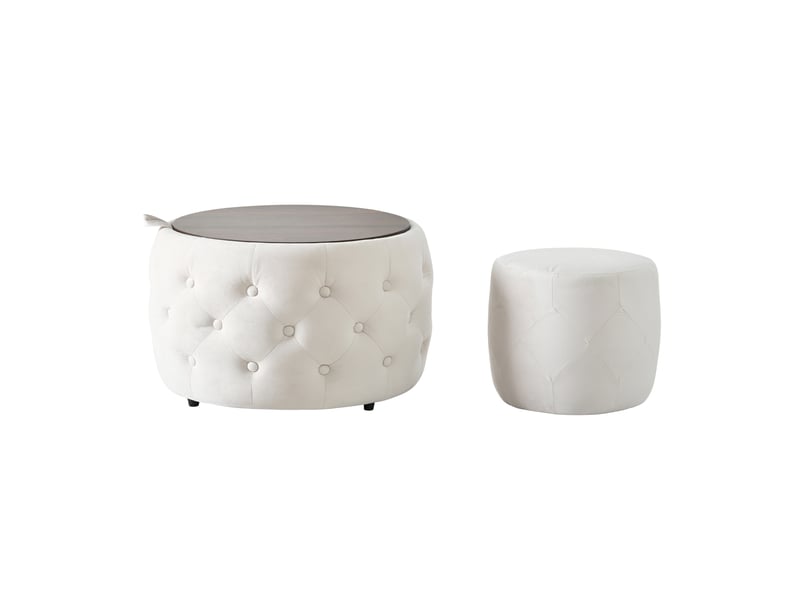 Lot de 2 poufs gigognes en velours, beige, rangement et plateau bois 4-en-1 - Conforama A