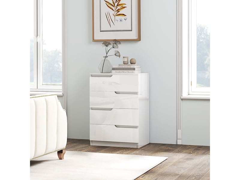  Commode moderne et minimaliste à 4 tiroirs en bois, 60 x 40 x 85 cm, blanc brillant  - Conforama D
