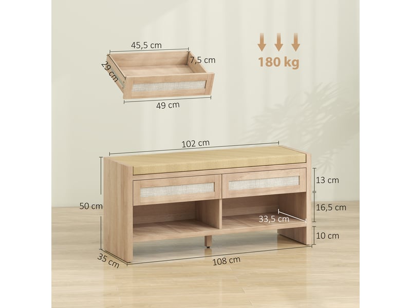 Banc chaussures entrée, banc de rangement, assise rembourrée en lin, 2 tiroirs en rotin et étagère ouverte, chêne  - Conforama E
