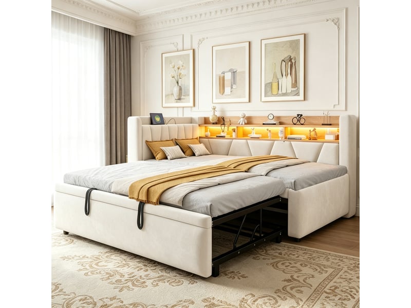  Lit banquette extensible 90 à 180 × 200 cm en velours beige, usb et led IKSETERA TRADING LTD - Conforama D