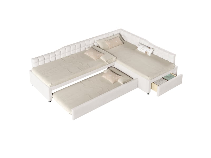  Lit gigogne 3 places 90×200 cm et 90×190 cm, avec tiroirs - okmyhome- en flanelle beige, sans matelas  - Conforama A