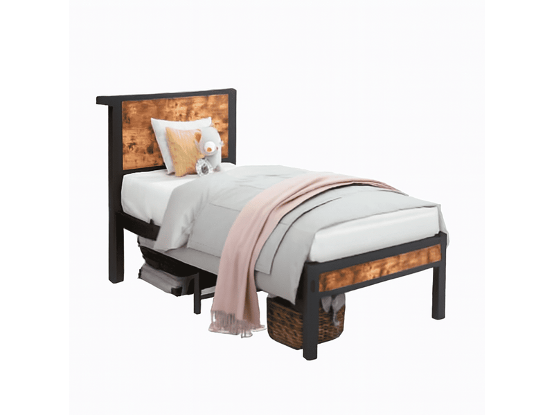  Lit enfant 90x200 cm avec tête de lit et sommier à lattes métalliques, en métal marron, sans matelas  - Conforama E