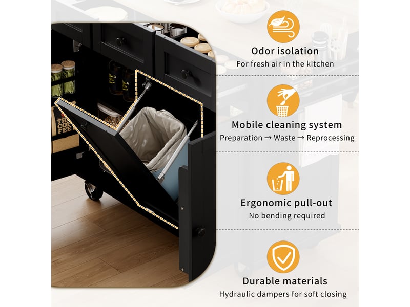 Desserte de cuisine à roulettes, plan rabattable et compartiment poubelle, mdf 112×46,2×92,7 cm noir - Conforama C