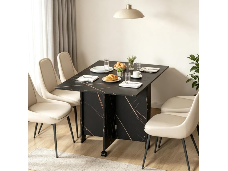  Table de salle à manger pliante à plateaux rabattables, roulettes verrouillables, noir marbré, 120 × 80 × 73 cm  - Conforama D
