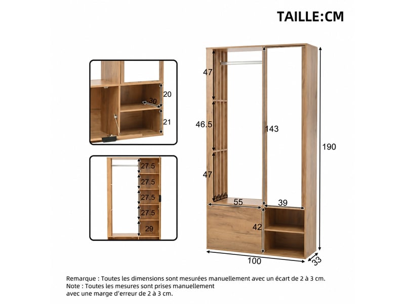 Meuble d’entrée avec miroir et penderie ouverte, 9 rangements, 100 x 33 x 190 cm, bois naturel - Conforama E