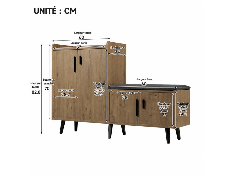  Meuble à chaussures avec banc rembourré – 4 portes, décor naturel – 120 x 34 x 82,8 cm  - Conforama D