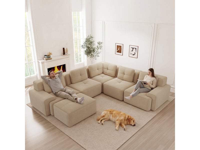 Canapé d'angle modulable sans cadre 5 places 295x295x69 cm avec pouf, assise profonde 74 cm, fond antidérapant, velours côtelé beige Radiant Stride - Conforama D