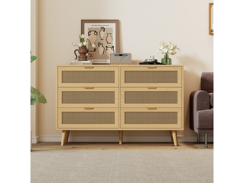  Commode à 6 tiroirs avec poignées en métal et pieds en bois, décor effet rotin, 120 × 40 × 76,5 cm  - Conforama C