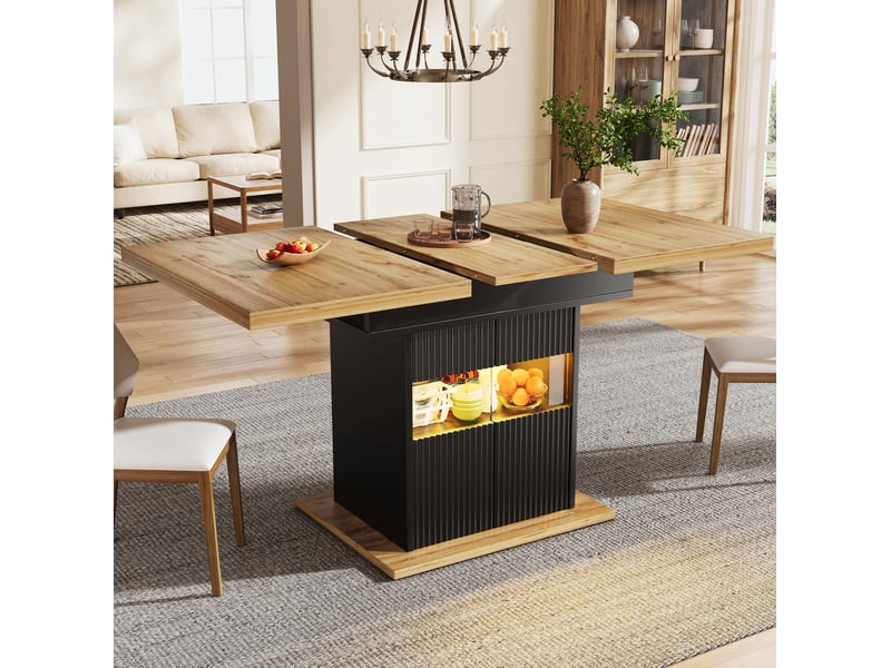 Table à manger extensible 110-140 cm avec rangement et led, finition noire, style repas moderne, dessus en bois, usage cuisine, aggloméré - Conforama E