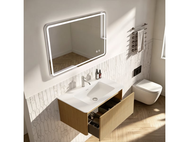Ensemble meuble de salle de bain 80 cm avec vasque, miroir led 60x80 cm, chêne - Conforama C
