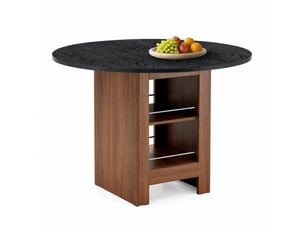 Table de salle à manger ronde, 100x100x76 cm, moderne avec espace, plateau mdf, piètement métal, coloris noir et noyer