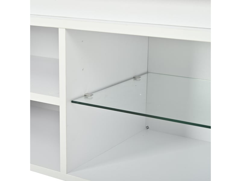  Meuble tv 160 cm blanc, led, finition brillante, verre trempé et 10 espaces de rangement Fay Lum - Conforama E