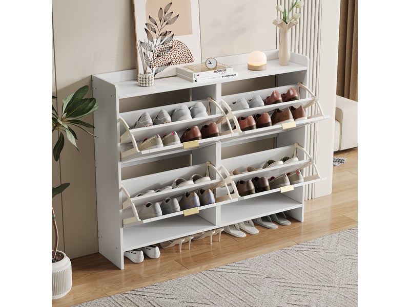  Meuble à chaussures 110x24x90 cm, meuble d'entrée, 4 portes, rangement chaussures, étagères ouvertes, aggloméré blanc  - Conforama D