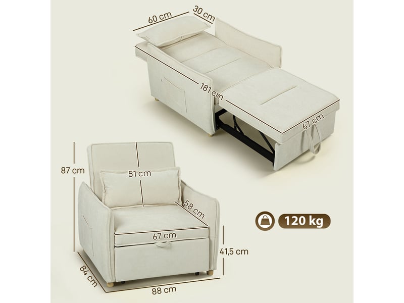  Fauteuil convertible 3 en 1 en tissu chenille avec coussin crème  - Conforama C