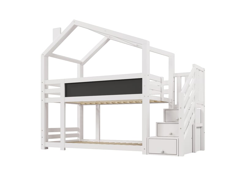  Lit superposé cabane 90 x 200 cm, structure cabane, couchages superposés, escalier, tableau intégré, bois massif et panneaux de particules, blanc ABC - Conforama A