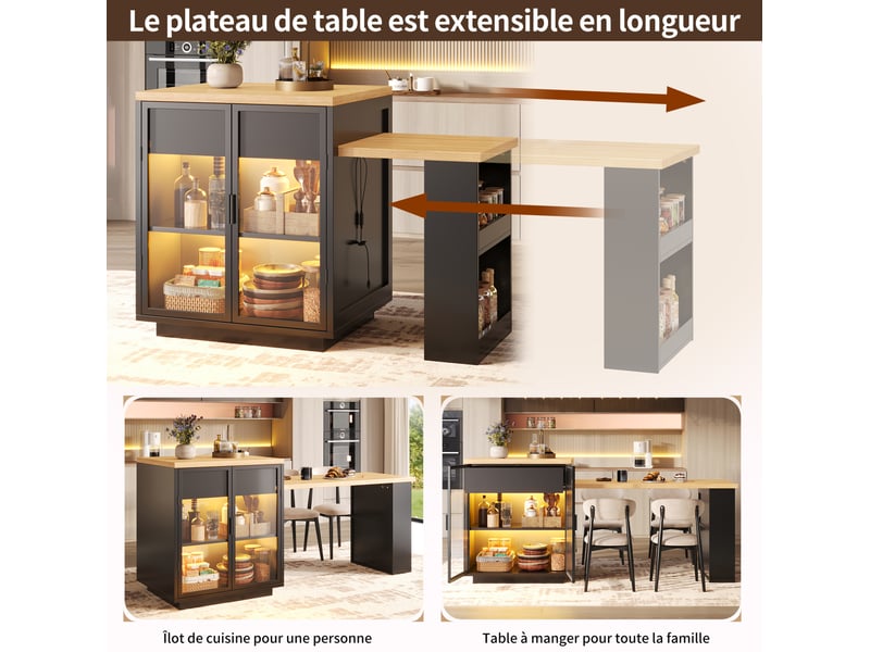  Îlot central table repas extensible 122-194,5x70x94 cm, vitrine double porte+tiroir, led app usb, mdf métal noir  - Conforama D
