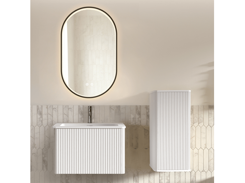 Meuble de salle de bains suspendu blanc 61 cm avec vasque, colonne et miroir led réglable anti-buée design - Conforama B