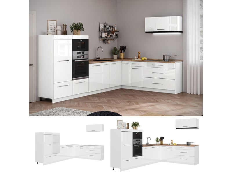  Vicco cuisine en angle, blanc haute brillanceblanc, 327 x 227 cm, pt marbre  - Conforama D