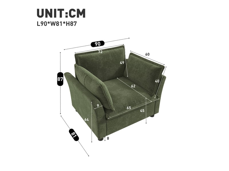  Fauteuil de relaxation en chenille avec accoudoirs et coussins, pour salon, bureau et petits espaces, vert  - Conforama C