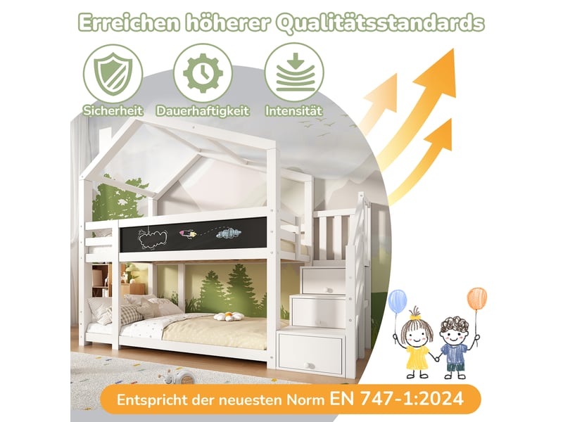Lit cabane enfant 90x200 avec cheminée, lit superposé blanc en bois massif, escalier de rangement et tableau noir - Conforama R