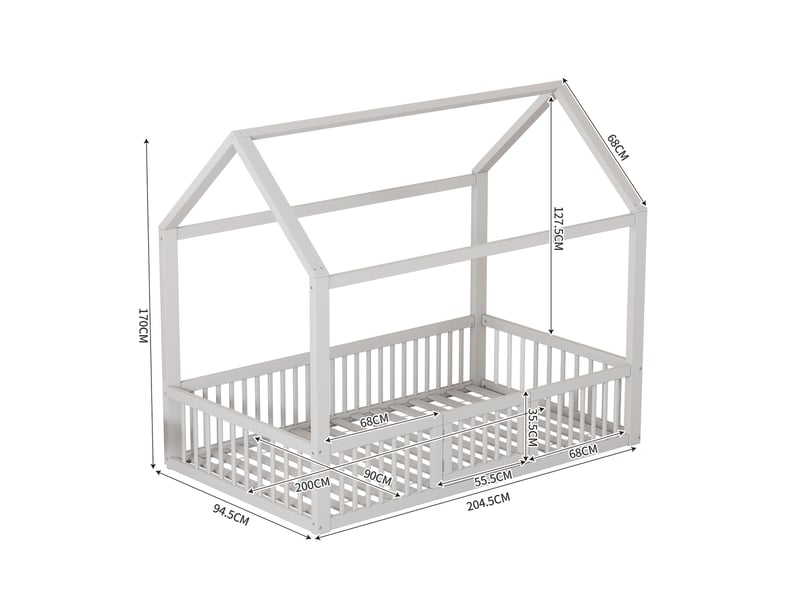  Lit enfant cabane 90x200 cm avec barrières et portillon, en pin et mdf, blanc  - Conforama E
