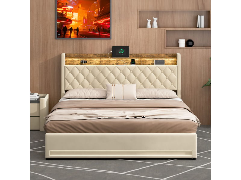  Lit coffre adulte 180x200 cm rembourré, revêtement en velours résistant aux taches, structure en mdf et fer, beige  - Conforama E