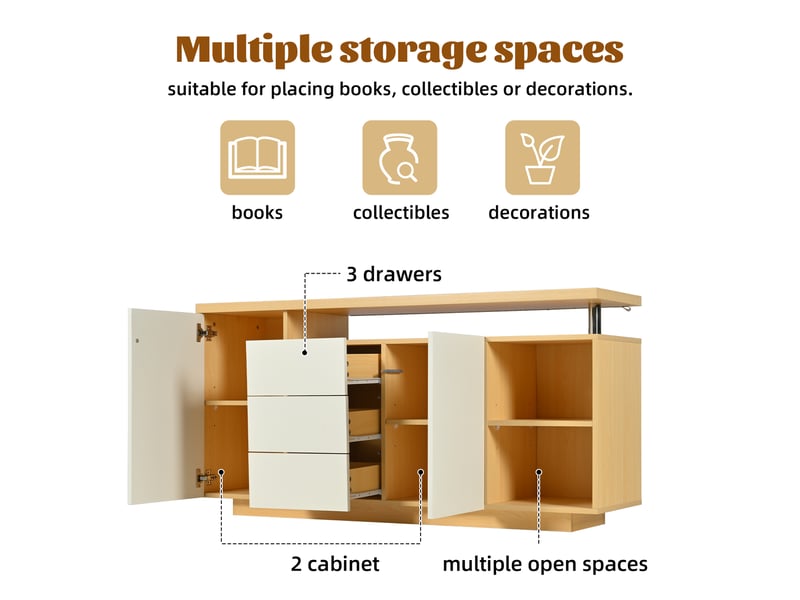  Buffet blanc et chêne clair, 140 × 40 × 70 cm, panneau de particules, avec 2 portes et 3 tiroirs, éclairage led  - Conforama C