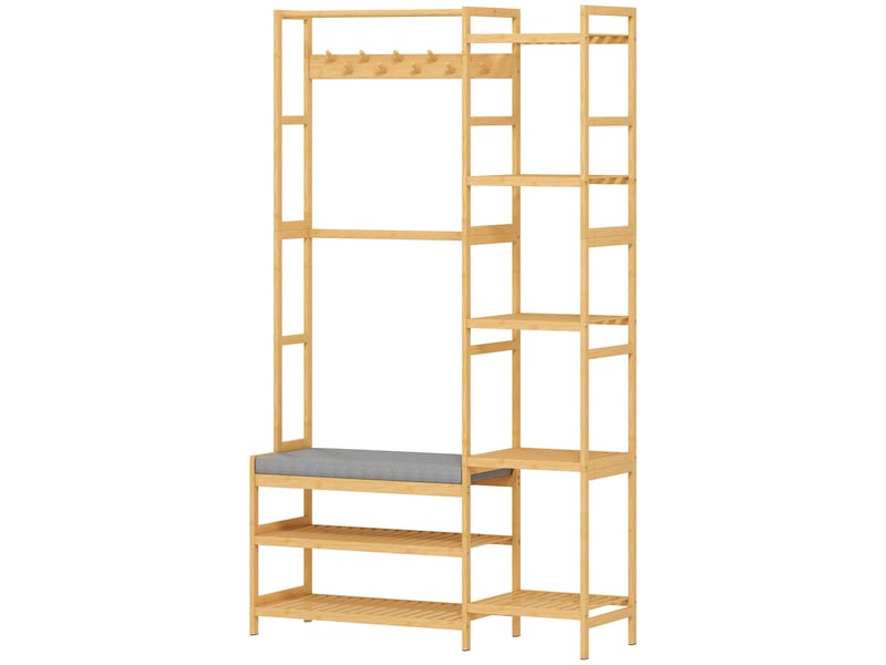  Vestiaire d'entrée style naturel bois bambou 5 + 2 étagères 10 patères barre penderie banc  - Conforama E