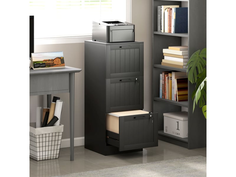  Caisson bureau, meuble rangement bois 3 tiroirs et serrure, barres de suspension réglables, noir, 40 x 40 x 101 cm  - Conforama D