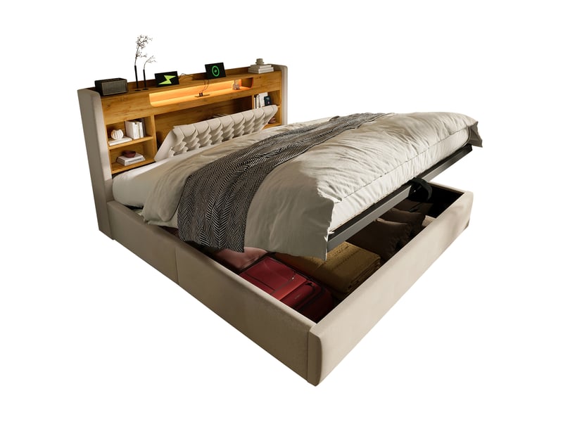  Lit coffre 140x200 cm avec led, usb et rangement coloris beige  - Conforama A