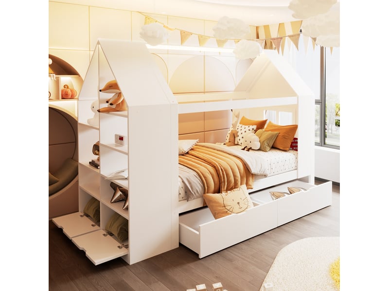  Lit enfant cabane 90x200 cm avec 2 tiroirs et éclairage led, blanc, sans matelas  - Conforama E