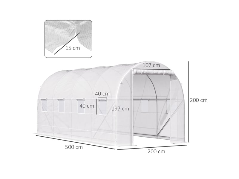  Serre tunnel de jardin de 5 x 2 x 2 m avec structure en acier et bâche en polyéthylène blanc  - Conforama E