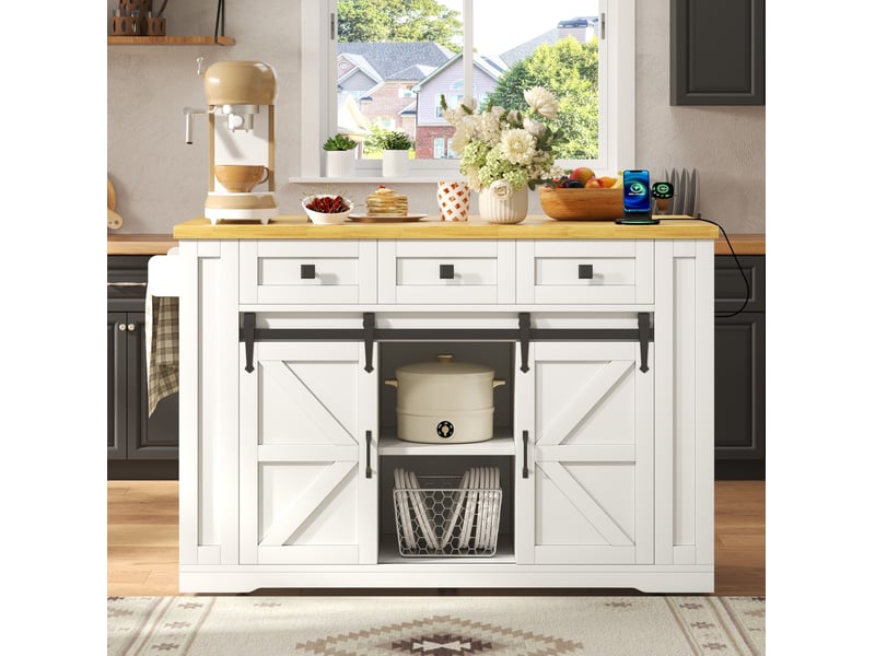 Desserte de cuisine mobile avec 3 tiroirs, portes coulissantes, plan rabattable et prises 130 × 80 × 87 cm - Conforama E