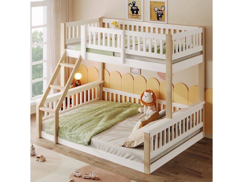  Lit superposé enfant avec couchage inférieur 140 x 200 cm, couchage supérieur 90 x 200 cm, pin blanc et bois naturel  - Conforama E
