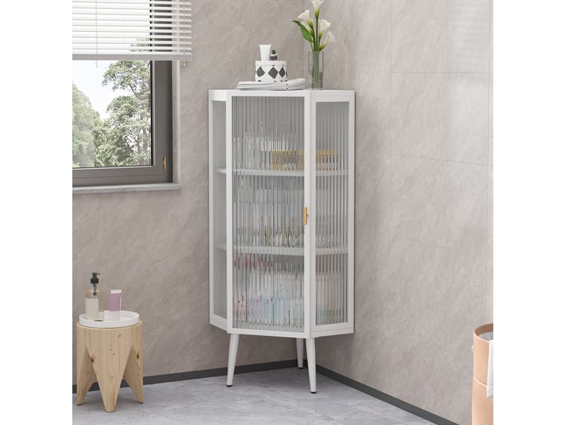 Armoire d'angle 3 niveaux en métal blanc et verre trempé, 56 x 40 x 110 cm, rangement élégant au quotidien - Conforama E