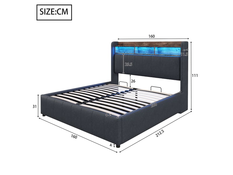  Lit capitonné 160 x 200 cm gris en lin, led multicolore, usb et type-c, coffre hydraulique, sans matelas  - Conforama B