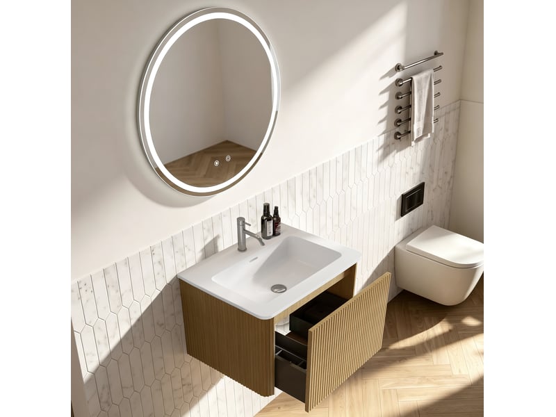 Meuble vasque suspendu 61 cm en bois clair avec miroir led rond réglable, 1 tiroir et vasque intégrée - Conforama D