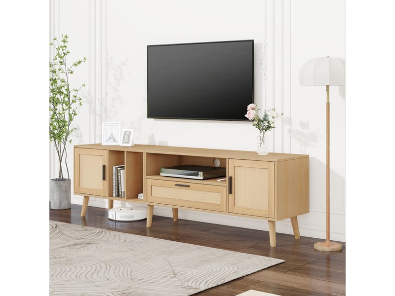  Meuble tv 180 cm aspect bois et rotin 2 portes 1 tiroir - pour écran 80 pouces  - Conforama W