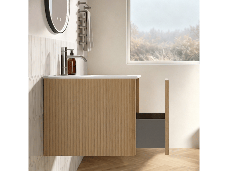  Ensemble meuble salle de bain 80 cm suspendu chêne avec miroir ovale led  - Conforama D