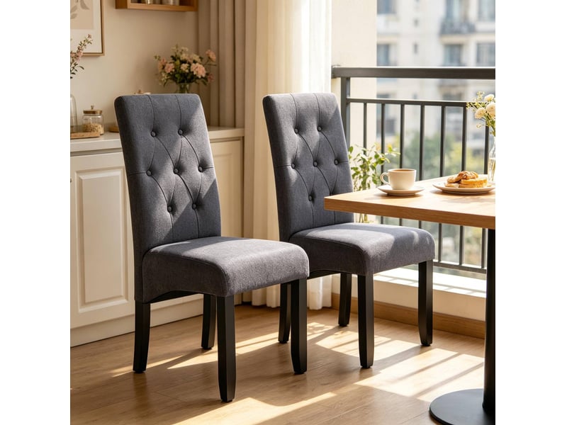  Lot de 2 chaises de salle à manger à dossier haut rembourré, pieds antidérapants en lin et bois gris foncé  - Conforama B