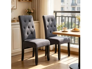 Lot de 2 chaises de salle à manger à dossier haut rembourré, pieds antidérapants en lin et bois gris foncé