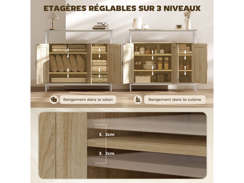 Buffet, meuble de rangement avec 3 portes, compartiment ouvert et 4 étagères réglables, 100 x 35 x 88 cm, bois naturel - Conforama E