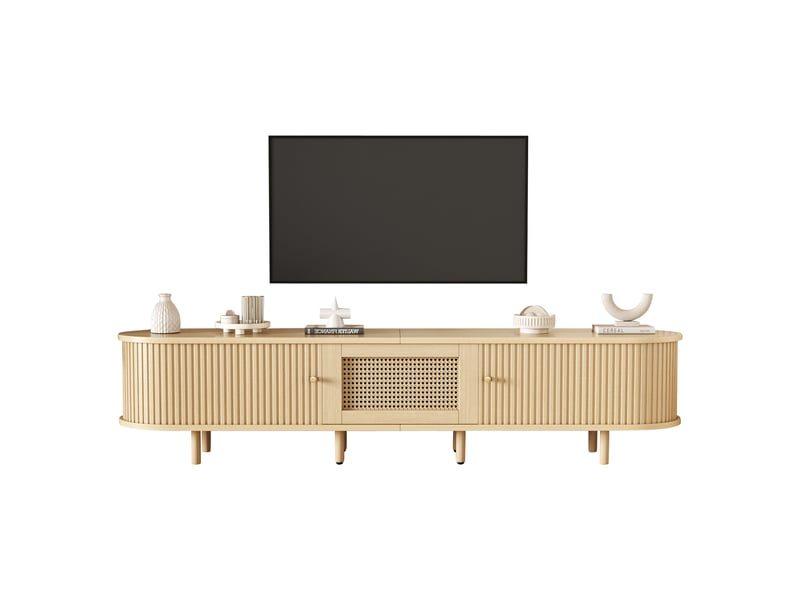  Meuble tv 180x40x40 cm - meuble bas arrondi avec porte à rideau et tiroir, mdf, pour tv jusqu’à 75 pouces - bois naturel  - Conforama A